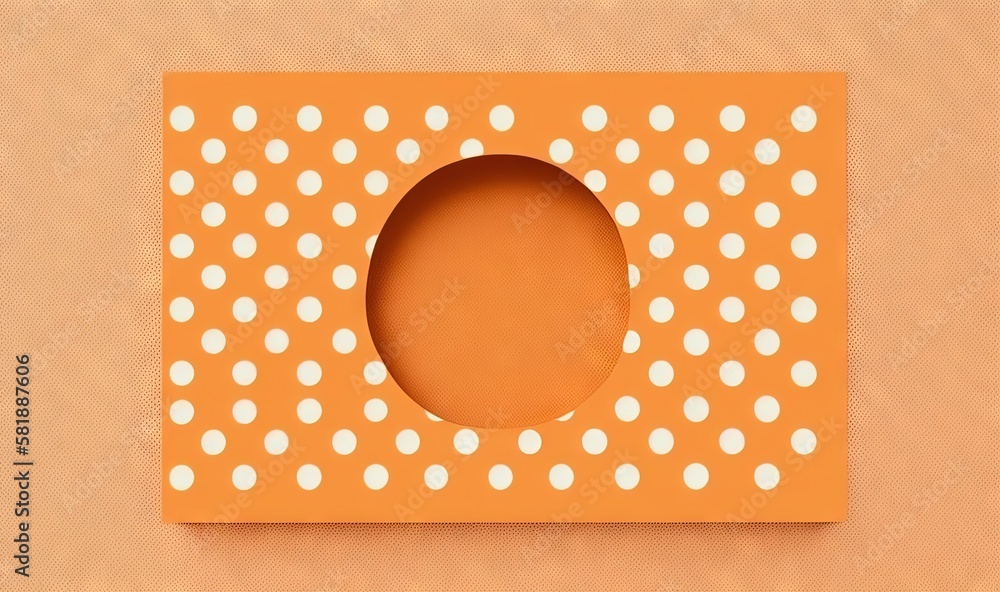 Poster an orange box with white polka dots on the inside of it and a hole in the middle of the box to cut o