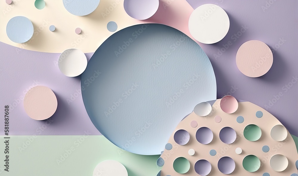 Poster an abstract painting with circles and dots on a pastel purple and green background with a white circ