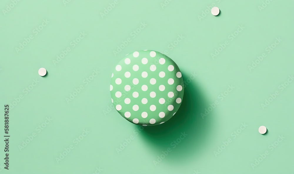 Aufkleber a polka dot paper box on a green background with white dots scattered around the top of the box and 