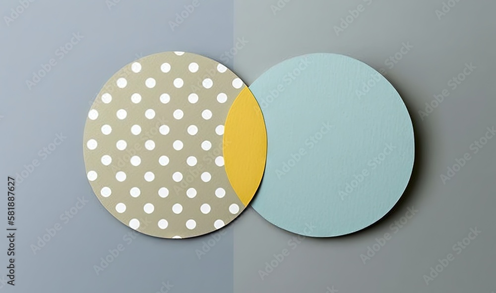Aufkleber two circles with dots on them on a gray and blue background with a yellow circle on the left and a l