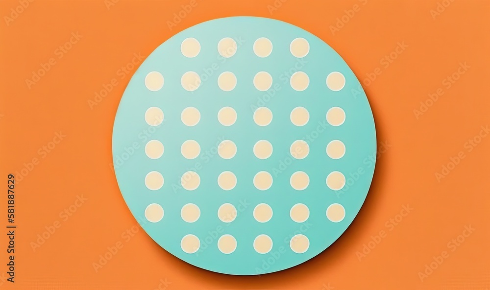 Poster a blue plate with white dots on an orange background with a white circle on the top of it and a yell