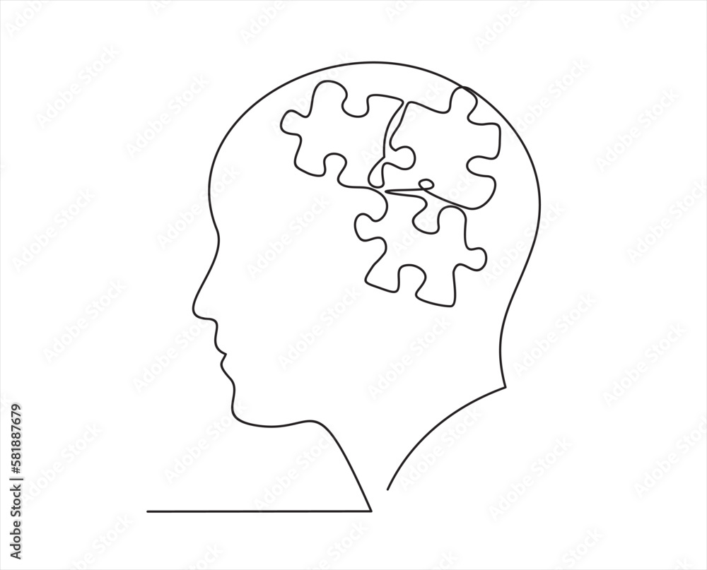 Poster head of a man with puzzle inside, drawn in one line on a white background. order, mental balance, ca