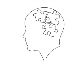 Head of a man with puzzle inside, drawn in one line on a white background. Order, mental balance, calm in thoughts. Logic and creative thinking. One-line drawing. Continuous line. Vector
