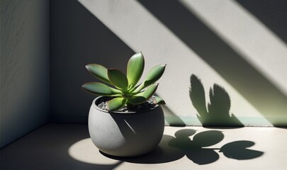  a small plant in a white pot on a table next to a window with a shadow of a plant on the wall and a wall behind it.  generative ai
