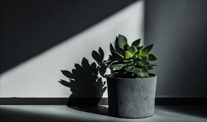  a potted plant sitting on top of a table next to a shadow of a wall and a window on the side of a wall.  generative ai