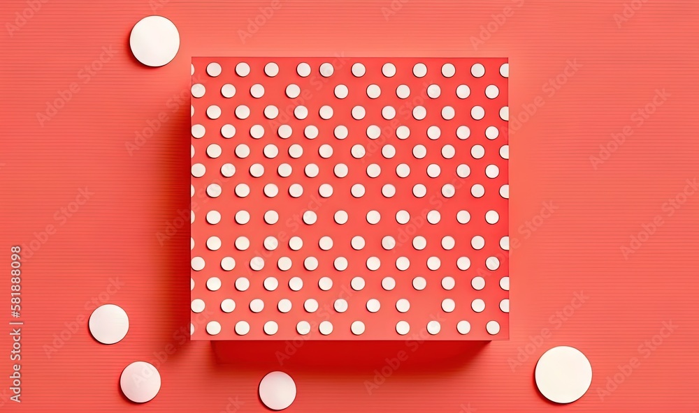 Poster a red box with white polka dots on a pink surface with white circles around it and a red box with wh