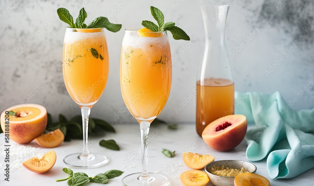 Poster a couple of glasses filled with liquid next to sliced peaches and a pitcher of juice on a table with