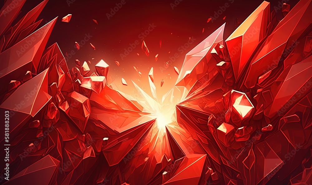 Poster a red abstract background with many small pieces of red glass in the center of the image and a brigh