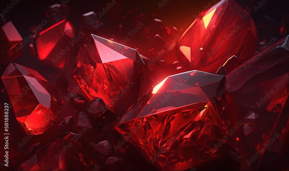 Poster a bunch of red crystals that are on a black surface with a red light in the middle of the image and 