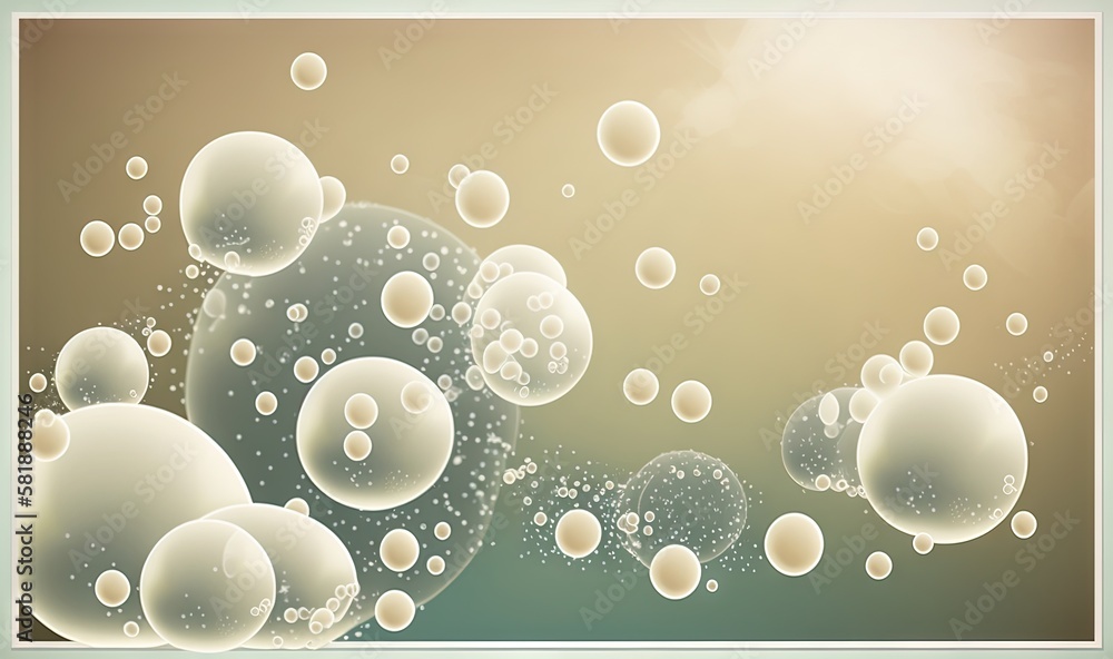 Poster a picture of soap bubbles floating in the air on a brown background with a white border around the e