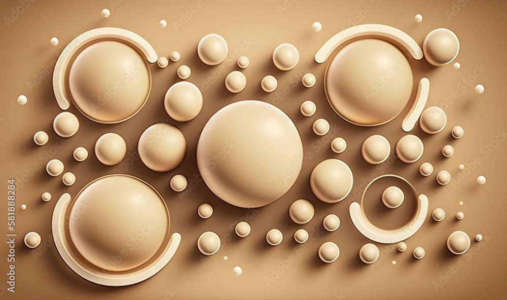 Poster a bunch of bubbles floating on top of a brown surface with a light brown background and a white circ