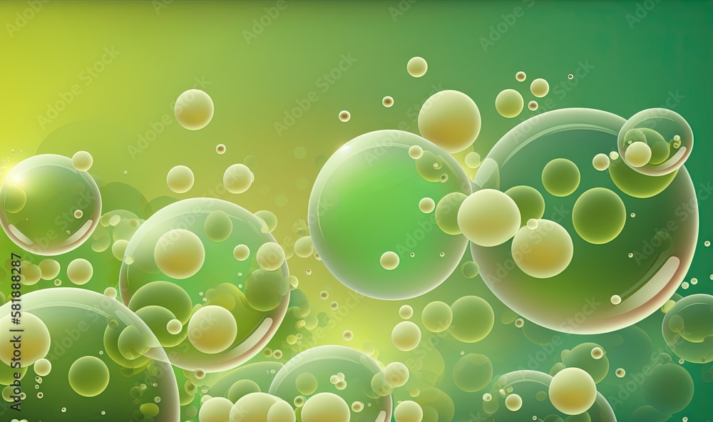 Poster a bunch of bubbles floating on top of a green background with a green background and a green backgro