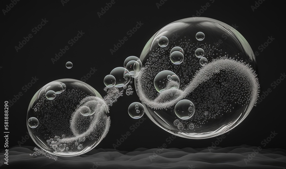 Poster a group of bubbles floating on top of a black surface with water bubbles in the air and on top of th