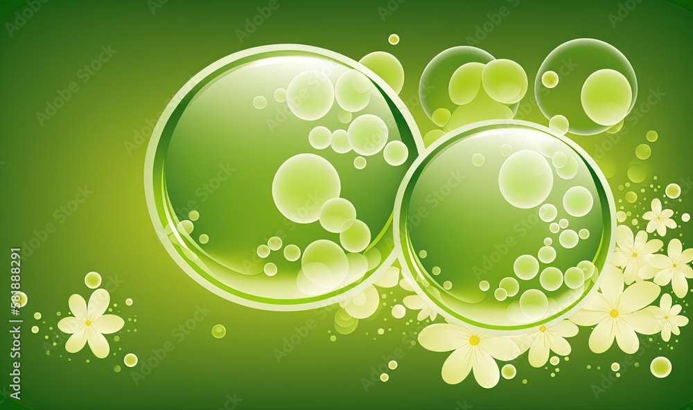 Poster a green background with bubbles and flowers on the bottom of the image and a green background with w