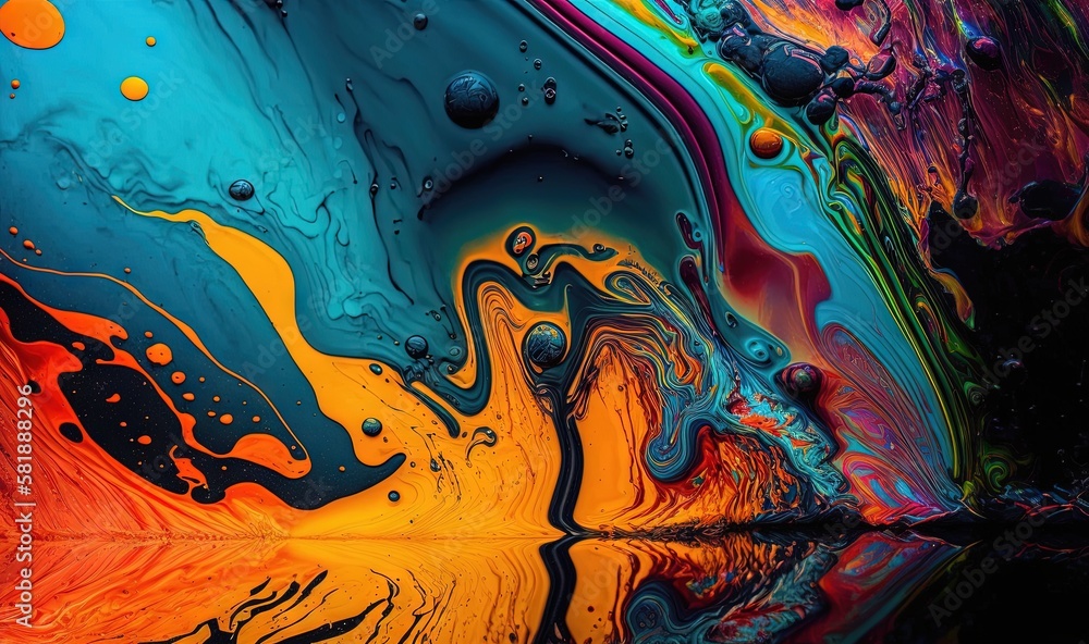 Poster a close up of a colorful liquid painting on a black background with a reflection of the water and th