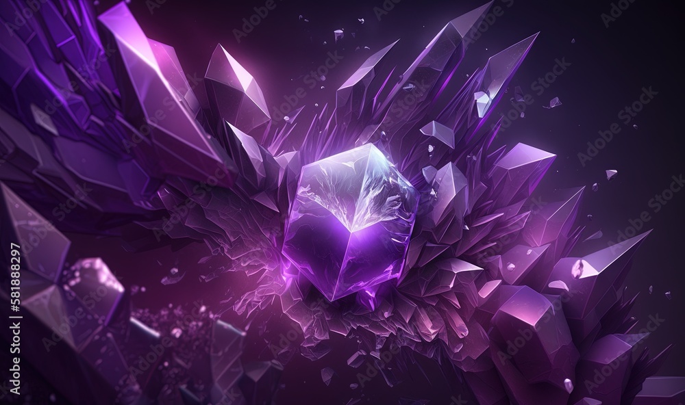 Poster an abstract purple background with crystals and a purple light in the middle of the image is a 3d re
