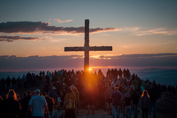 hundreds of people worshiping big cross on the hill.ai generated