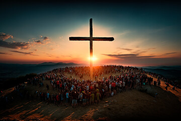 hundreds of people worshiping big cross on the hill - obrazy, fototapety, plakaty