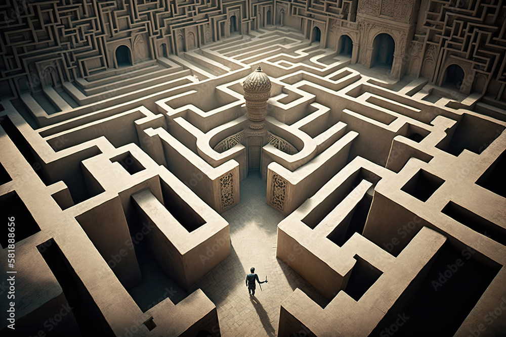 Poster man in maze is looking for way out. concept of finding right solutions in life. figure of man in lab