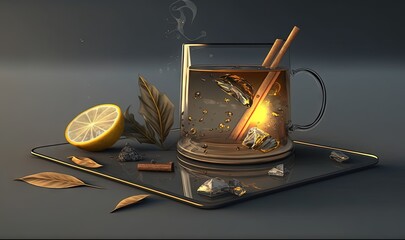  a glass of tea with a lemon and cinnamon on a tray next to a slice of lemon and some leaves and a candle on a dark background.  generative ai