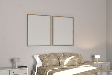 Mock-up poster frame in bedroom, scandinavian style, 3d render