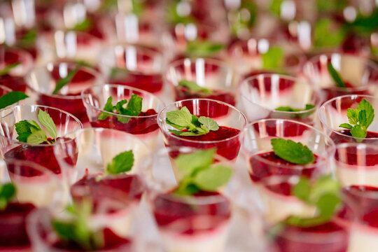 Panna Cotta Dessert mit Roter Gr&uuml;tze und Minze garniert