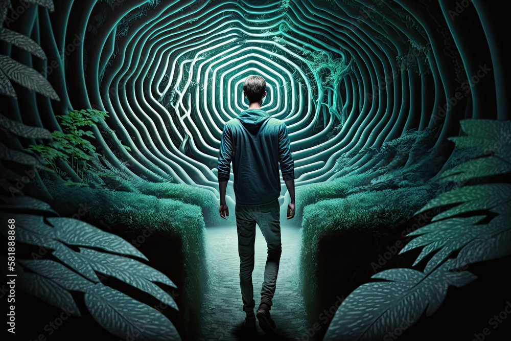 Poster person is looking for way out of psychedelic maze. a surreal labyrinth in magical forest. human cons