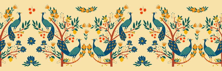 Peacocks in fancy garden seamless border pattern on light beige background