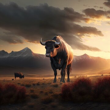 Farms and fields at sunset, with animals and mountains, Generative AI