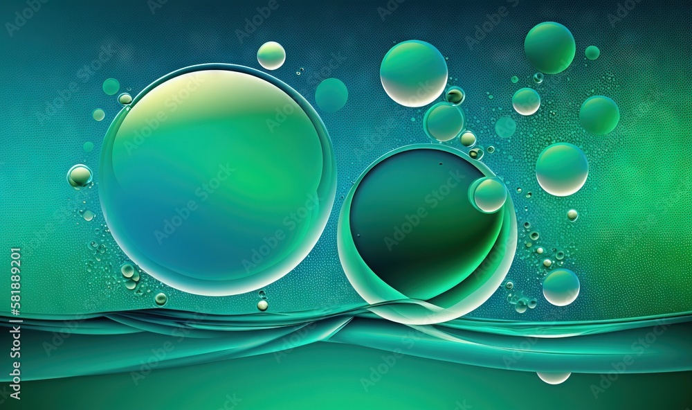 Poster a painting of a blue and green background with bubbles of water and bubbles on the bottom of the ima