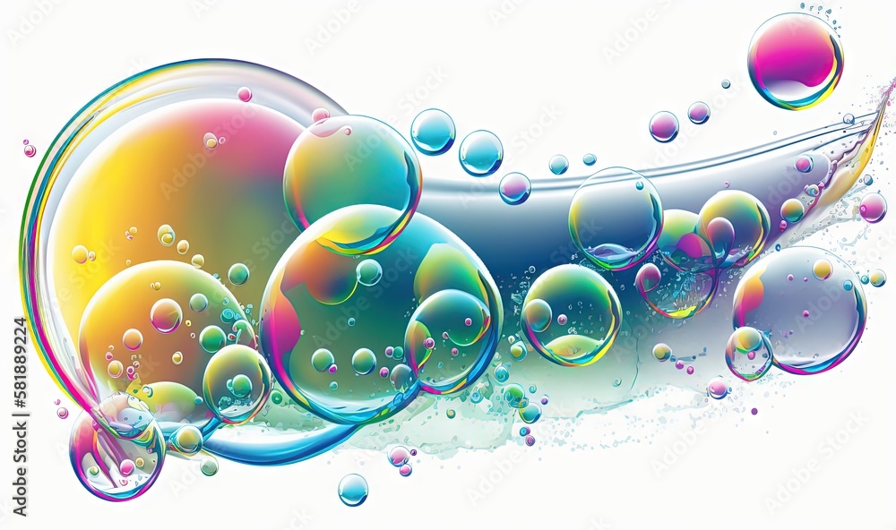 Poster a group of soap bubbles floating on top of a white surface with a blue sky in the back ground and a 