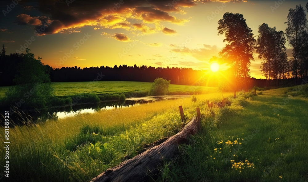 Poster the sun is setting over a field with a log in the foreground and trees in the background, with a str