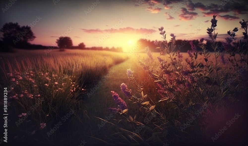 Aufkleber the sun is setting over a field of wildflowers and a path leading to a field of tall grass with purp