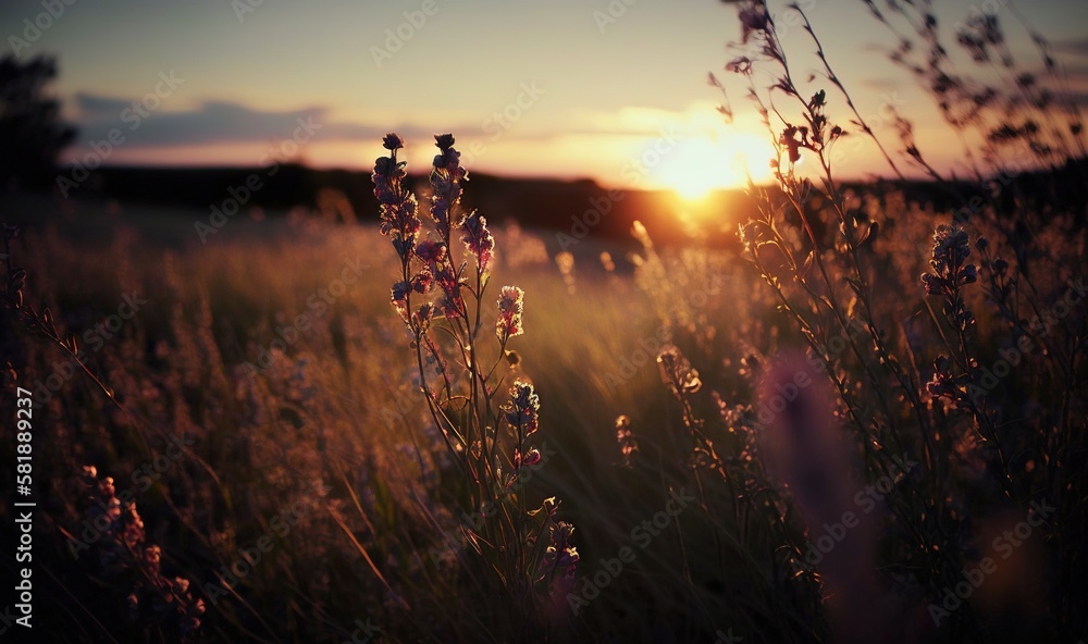 Poster a field of flowers with the sun setting in the background and a field of grass in the foreground wit