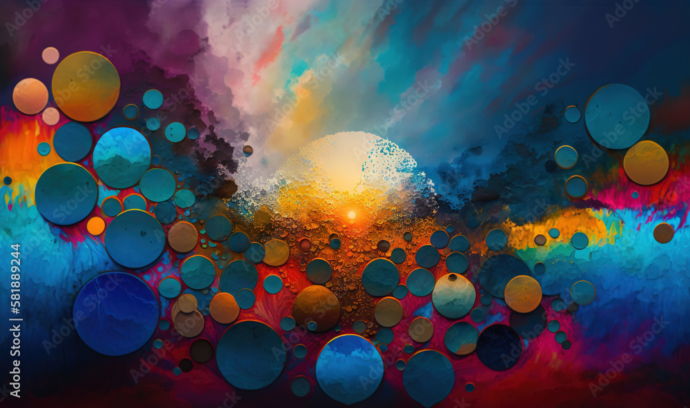 Poster a painting of a sunset with many circles of different colors and sizes of bubbles in the air and on 