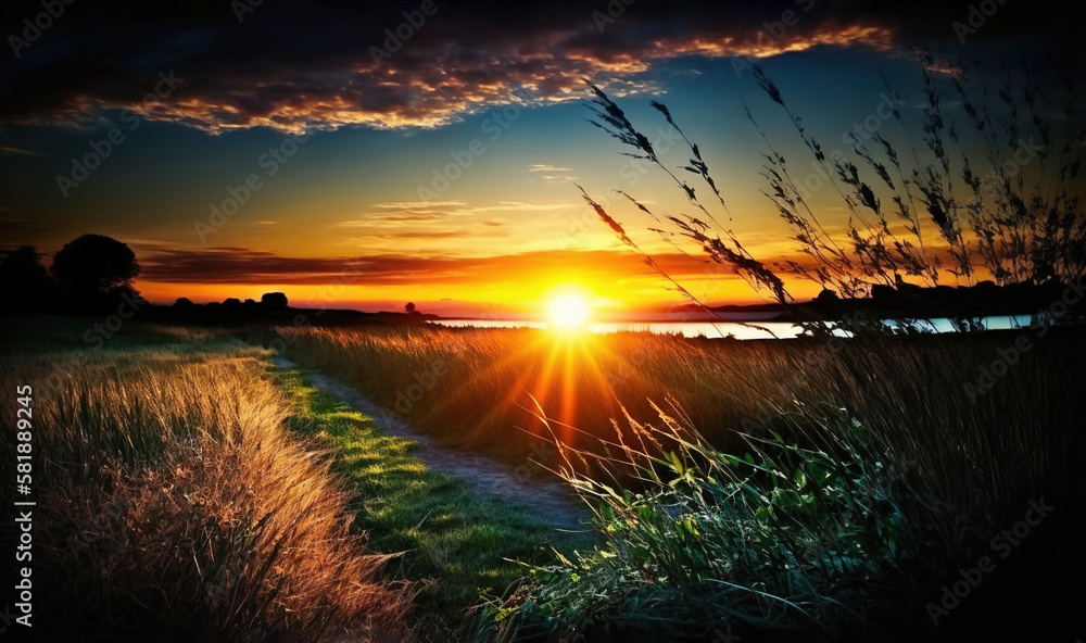 Aufkleber the sun is setting over a grassy field with tall grass in the foreground and a body of water in the 