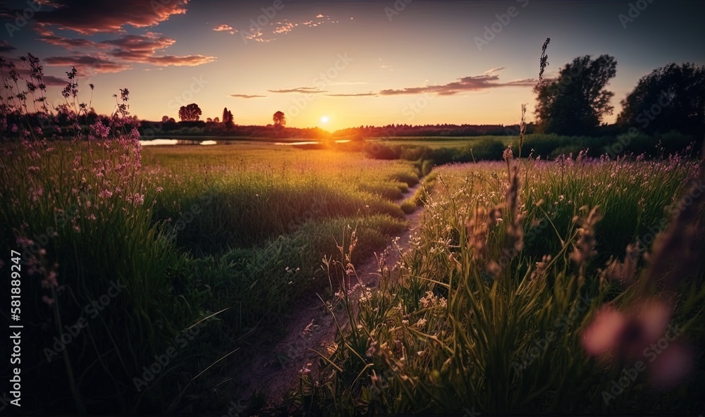 Poster the sun is setting over a field of grass and flowers with a path leading to the water in the foregro