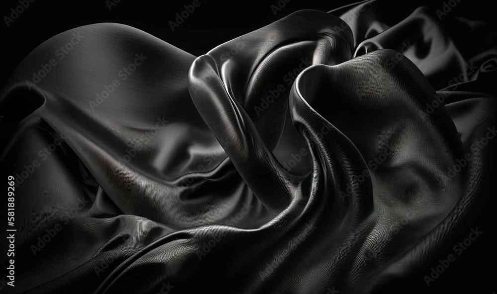 Poster a black and white photo of a cloth with a wavy pattern on the side of the image, with a black backgr