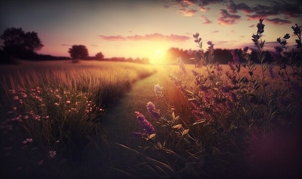  the sun is setting over a field of wildflowers and a path leading to a field of tall grass with purple flowers in the foreground.  generative ai