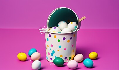 Naklejka na ściany i meble a bucket filled with lots of eggs on top of a pink surface with colorful eggs around it and a wooden spoon sticking out of the top of the bucket. generative ai