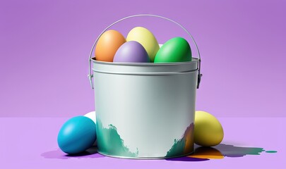  a bucket filled with colorful eggs on top of a purple background with a shadow of a bucket on the ground next to the bucket is a painted egg.  generative ai