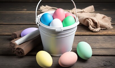  a bucket filled with colorful eggs next to a bag of cinnamon sticks and a bag of eggs on a wooden table with a drawser.  generative ai