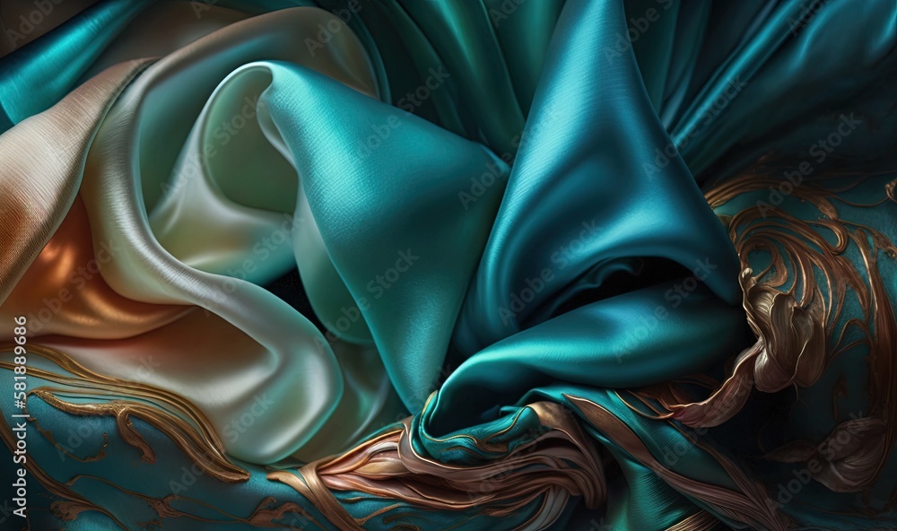 Poster a close up of a blue, gold and green fabric with a pattern on it's side and a black background with 