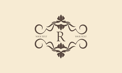 Luxury logo R. Business sign, identity for restaurant, royalty, cafe, heraldry, jewelry, fashion and other vector illustrations perfect for boutique, hotel, wedding and other elegant business.