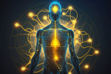 human brain and body. glowing blue lines. neural connections. artificial intelligence, cyberspace. AI Generative