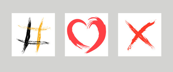 The cross, heart and lattice are hand-drawn with a brush. Prohibition, denial, error. Love. Hashtag. Vector