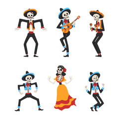 Mexican Skeleton in Sombrero Hat Playing Musical Instrument and Dancing Vector Set