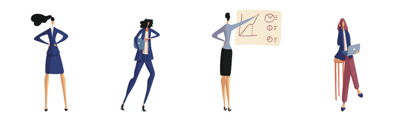 Business Woman Character and Office Employee Standing, Sitting at Laptop and Showing Presentation Vector Set