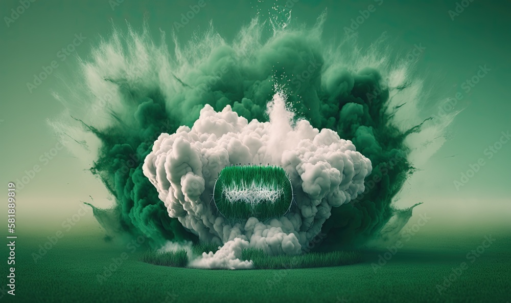 Poster a green and white cloud with a green and white object in the middle of it's face and a green and whi