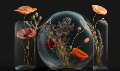  three vases with flowers inside of them on a black background with a black background and a black background with a black background and a black background with a black background.  generative ai